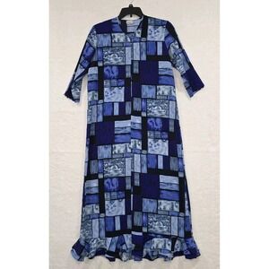 Women Blue And Black Midi Long Dress Small 3/4 Sleeve Front Zip V-Neck Geometric